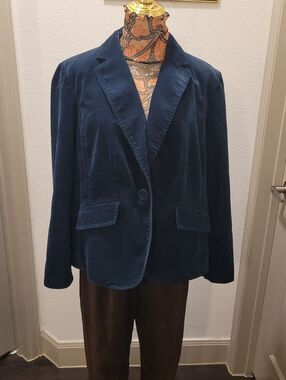 Talbots Woman Petites Teal Blue Velvet Blazer Jacket 14W Paisley Lining Academia